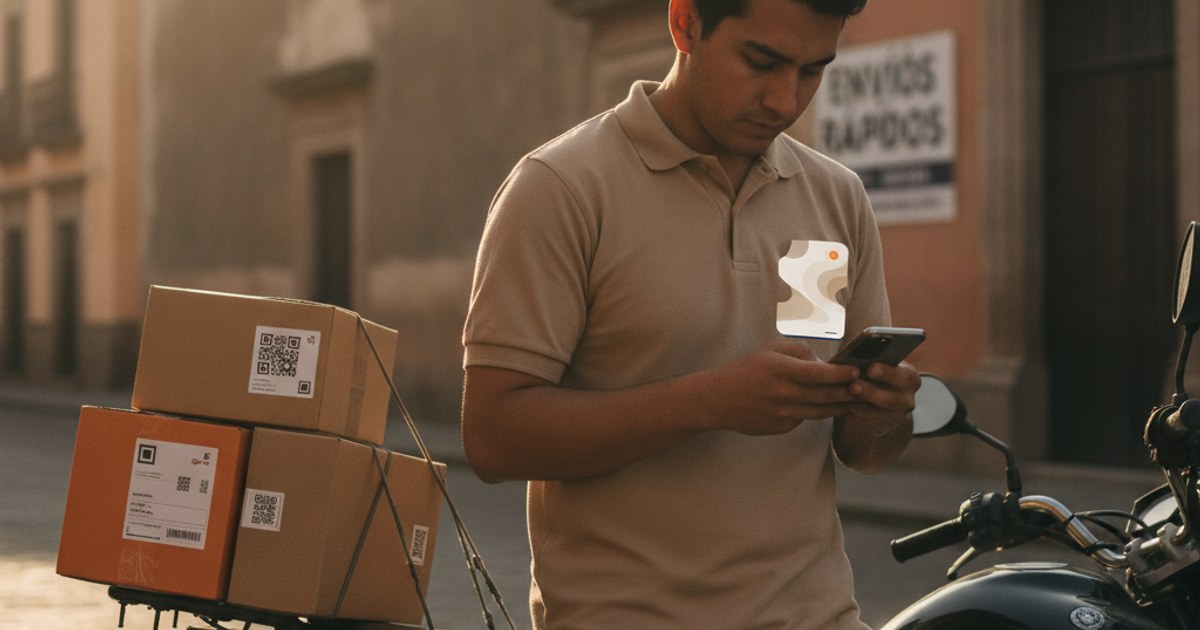Repartidor de una paquetería local en México revisando en su celular una guía de envío antes de salir a repartir
