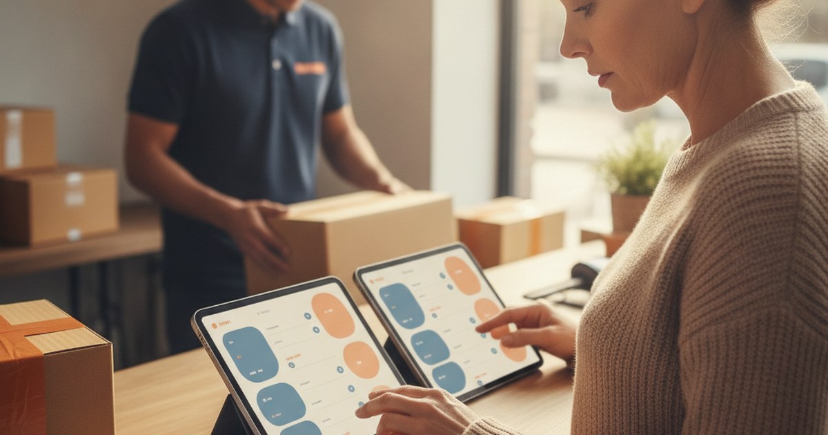 Dueño de un negocio de paquetería comparando criterios de un software en una lista junto a guías de envío
