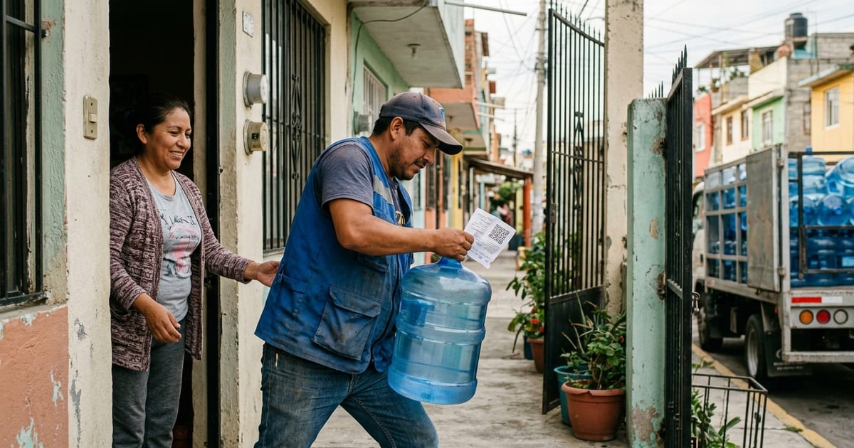 Repartidor entregando un garrafón de agua con una guía y código QR en la puerta de una casa