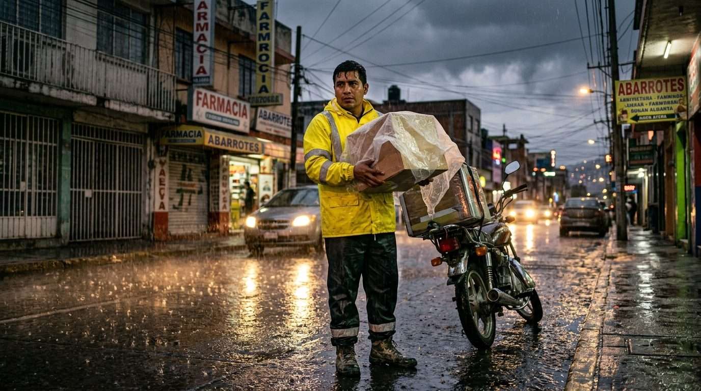 Repartidor con impermeable entregando un paquete protegido de la lluvia en una calle de Latinoamérica