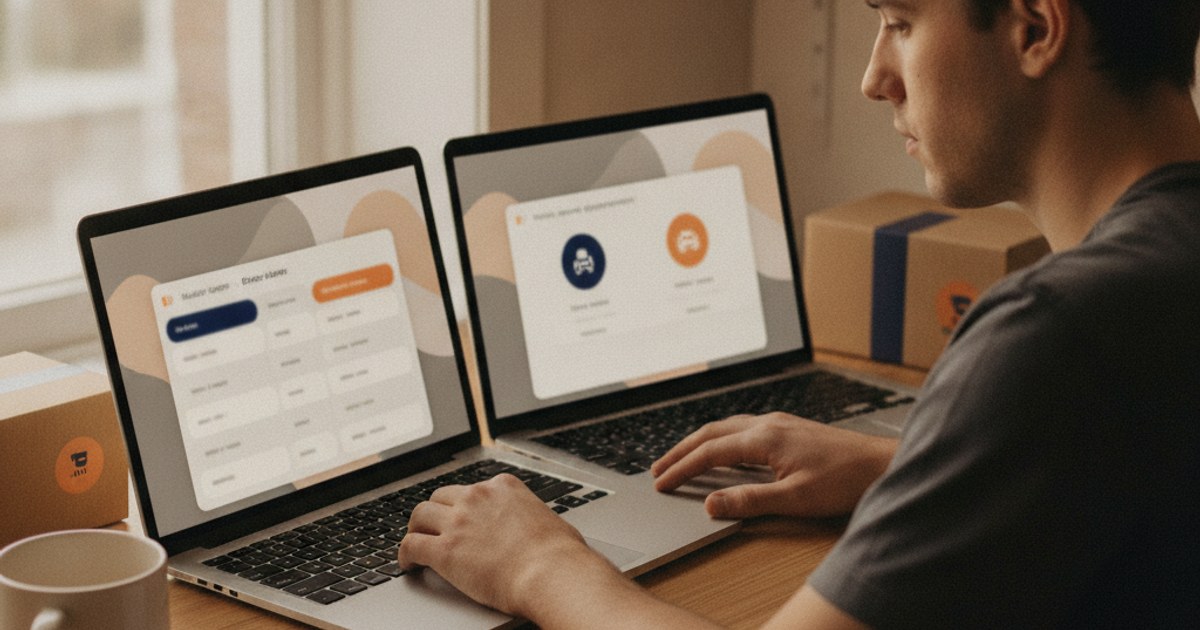 Empleado de una tienda online comparando en una laptop dos tipos distintos de herramientas de envío