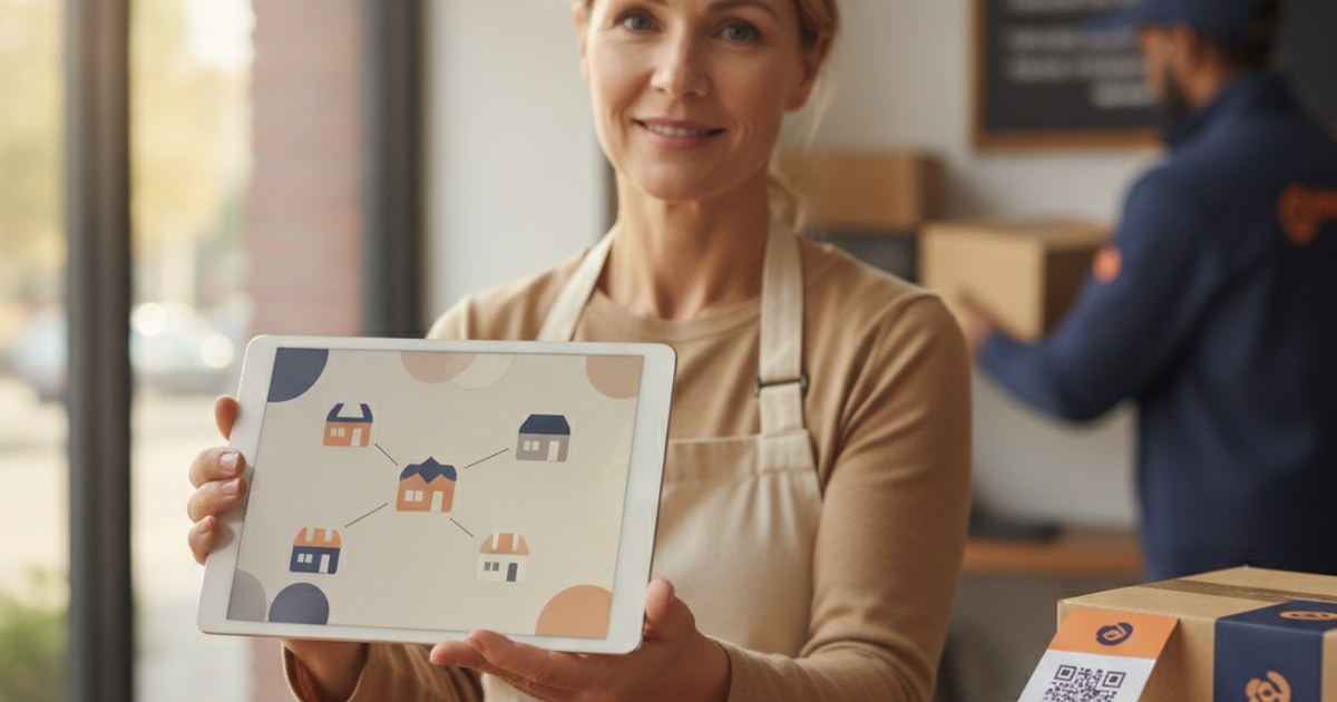 Dueño de una red de agencias de encomiendas revisando en una tablet el panel de varias sucursales conectadas