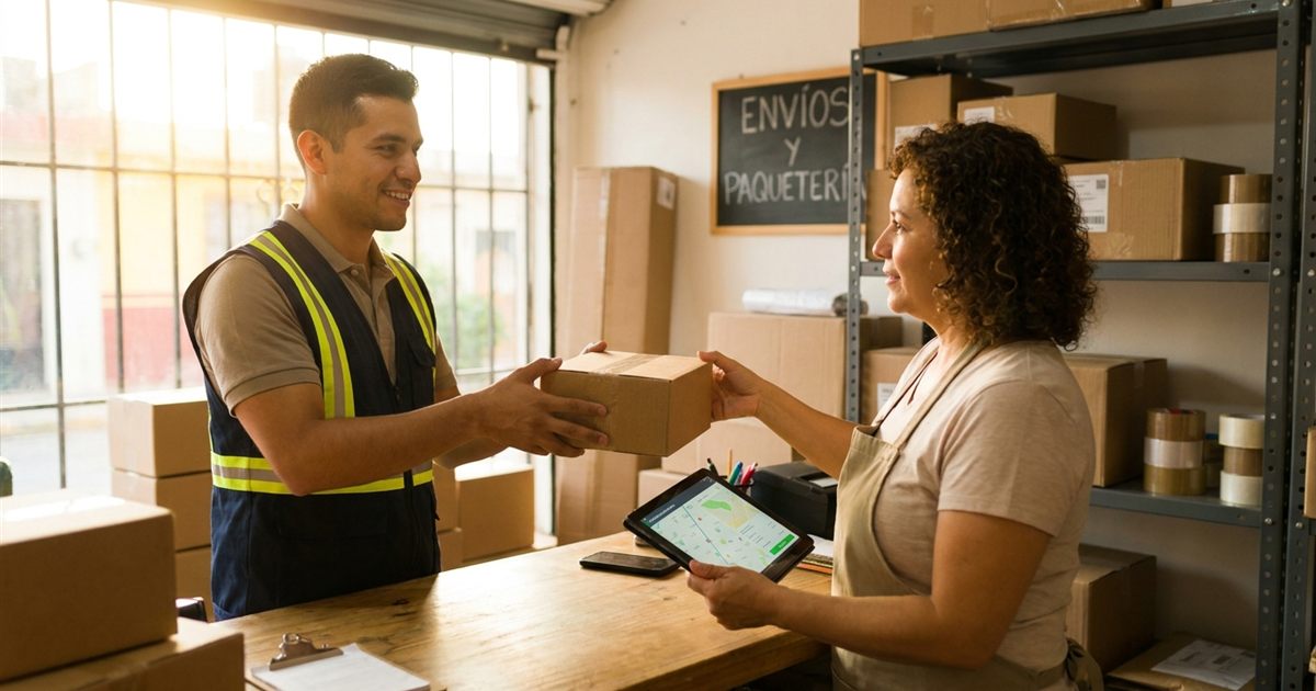 Courier latinoamericano atendiendo a una tienda cliente con un software para courier que muestra el panel de la empresa y sus guías de envío