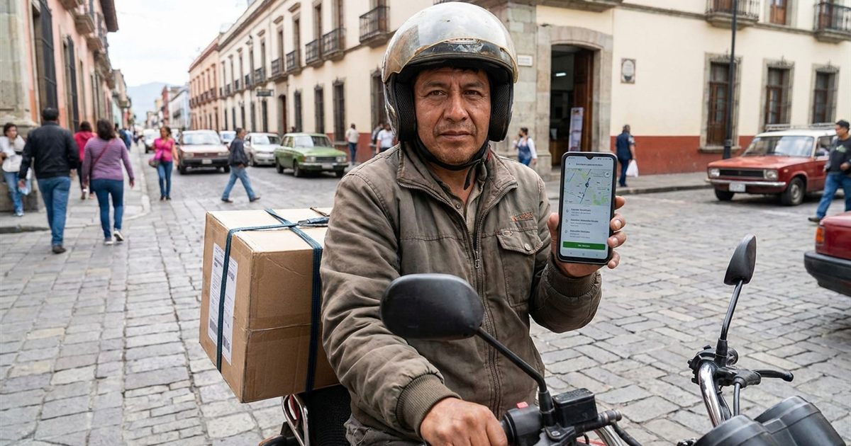 Dueño de un courier latinoamericano en moto con su celular mostrando el software de paquetería mientras reparte sus propios envíos