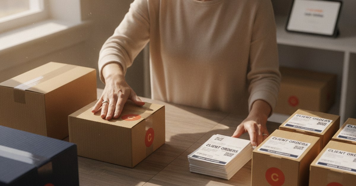 Dueño de un negocio de courier empacando su propio producto junto a paquetes de tiendas clientas listos para repartir