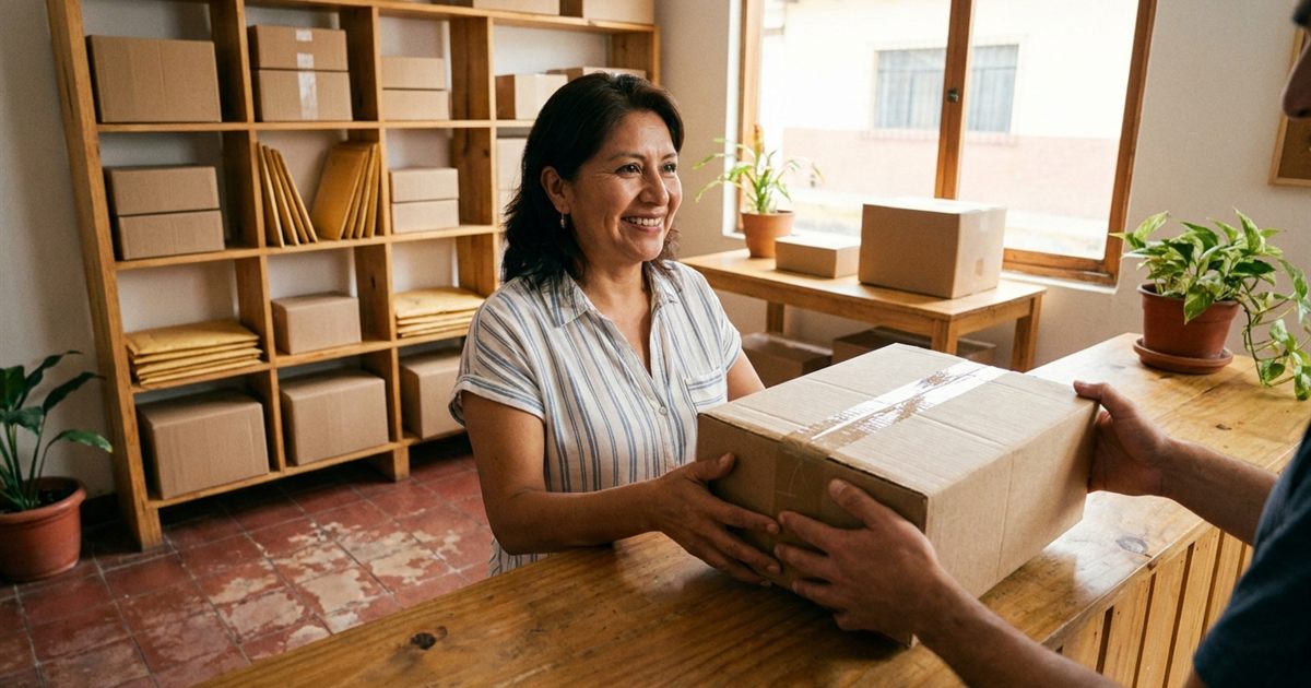 Dueña latina de un courier configurando en su software de paquetería las sucursales donde las tiendas pueden dejar sus paquetes
