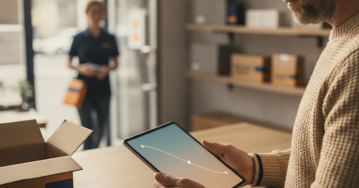 Dueño de un negocio de paquetería revisando en una tablet un gráfico con menos guías durante la temporada baja