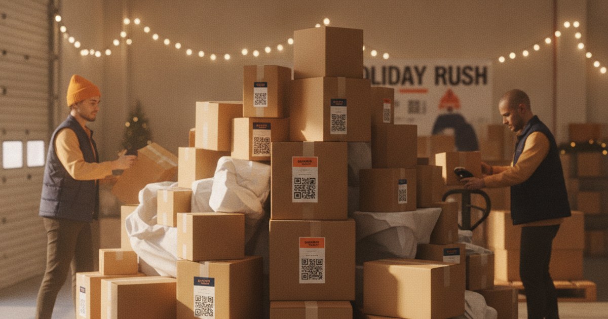 Bodega de courier llena de paquetes durante el pico de envios de diciembre antes de Navidad