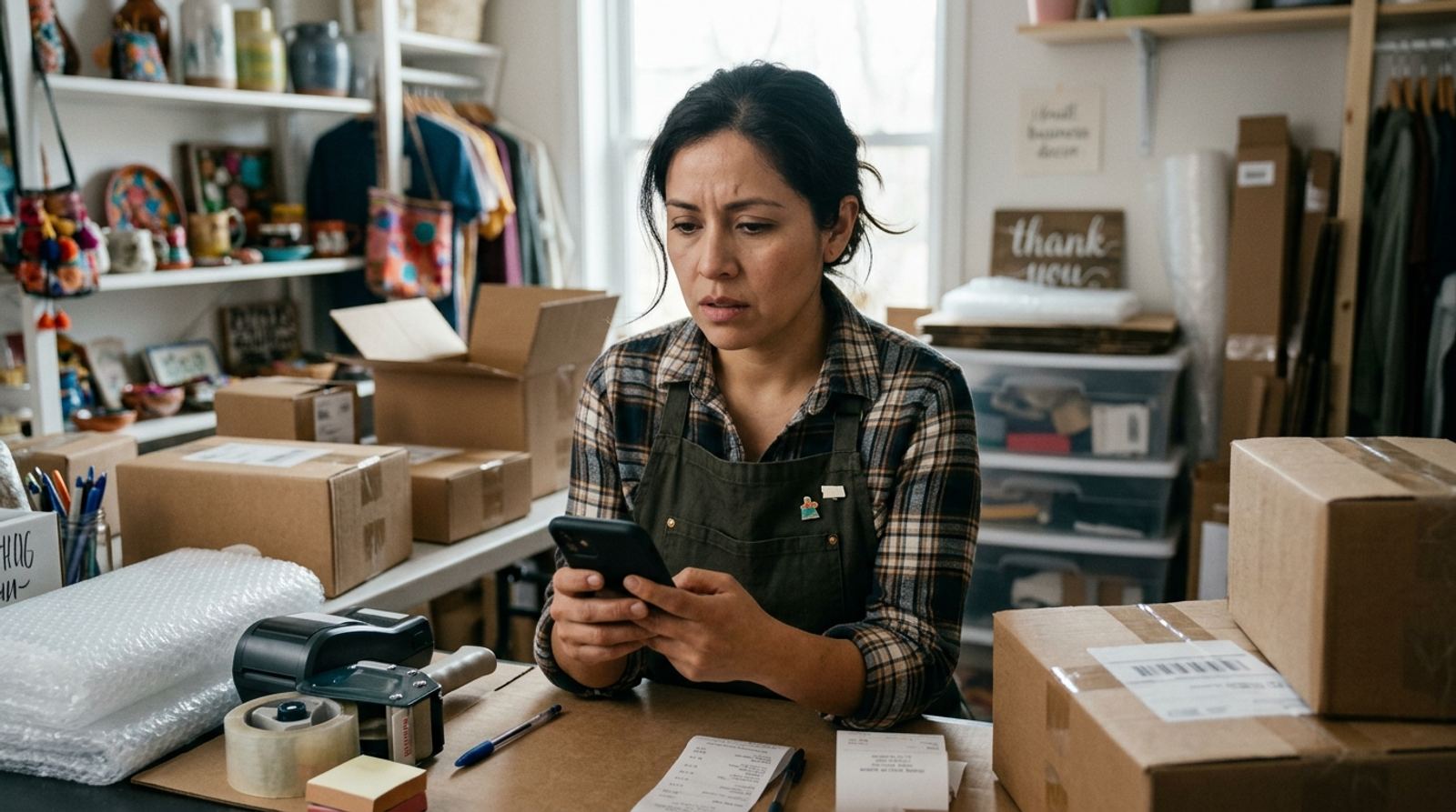 Dueña de una tienda pequeña revisando en su celular el estado de sus envíos junto a paquetes listos para entregar