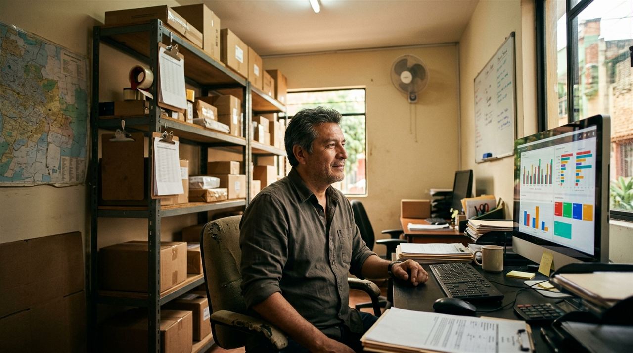 Dueño de un courier revisando en su software de paquetería el gráfico de ingresos por tienda y por día