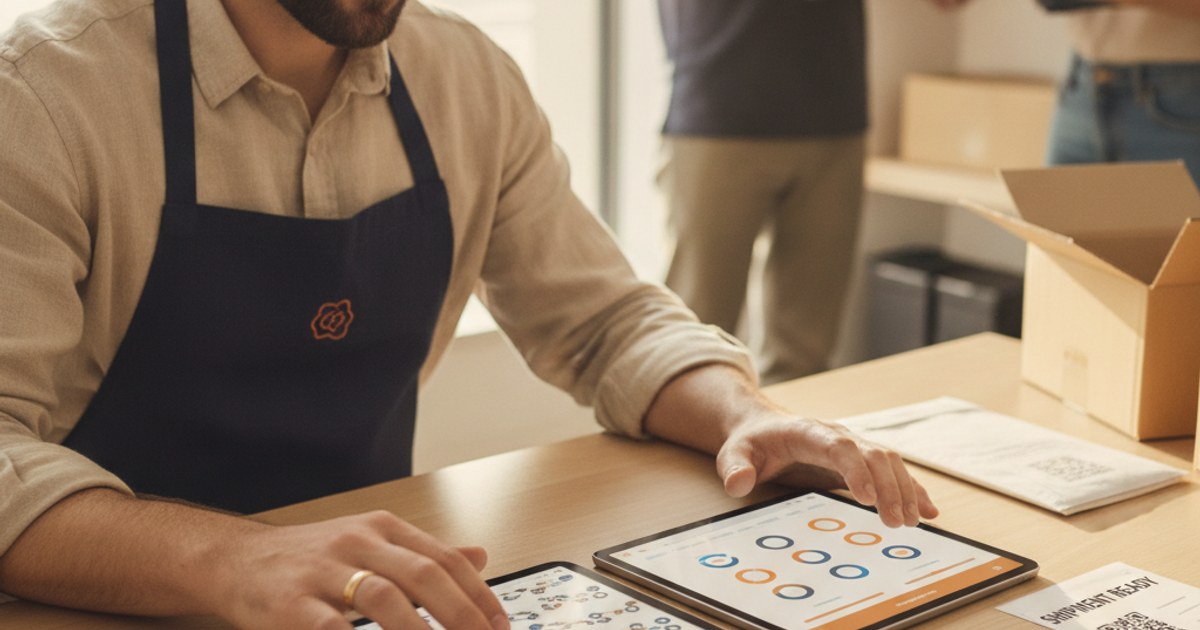 Dueño de un negocio de paquetería comparando en una tablet un panel simple contra uno de logística empresarial