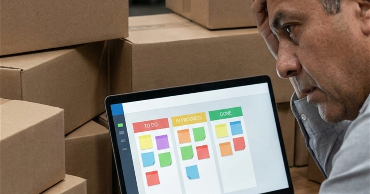 Repartidor revisando en su celular una app de gestión de paquetería en vez de un tablero de tareas genérico