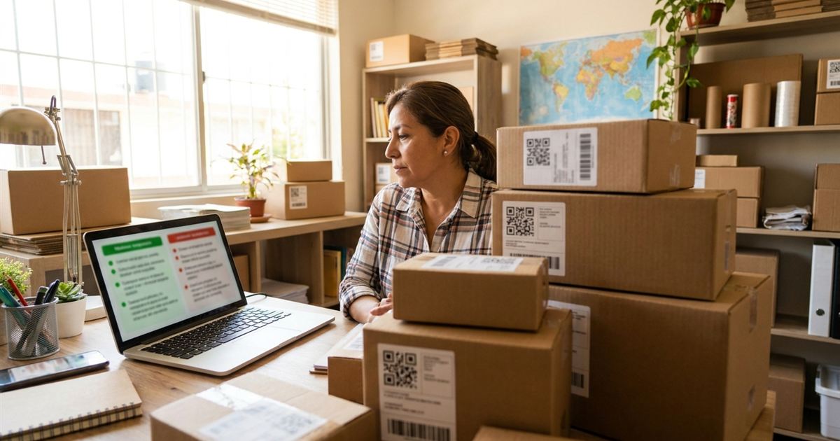 Dueña de un courier latinoamericano comparando ventajas y desventajas de un software de paquetería frente a cajas y guías de envío