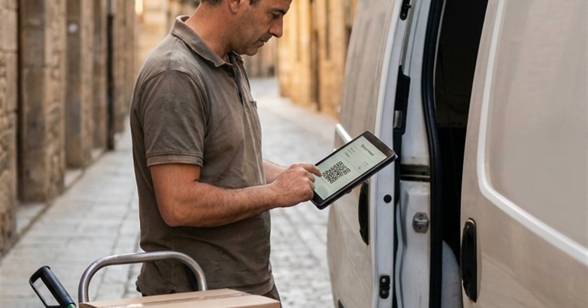 Repartidor español revisando una factura Veri Factu con código QR en una tablet junto a paquetes con etiqueta