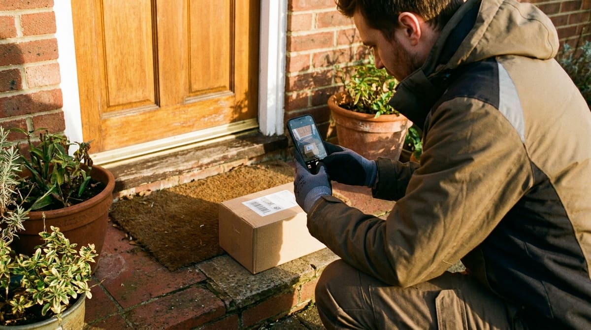 Repartidor tomando una foto de un paquete entregado en la puerta como respaldo de entrega en su aplicación