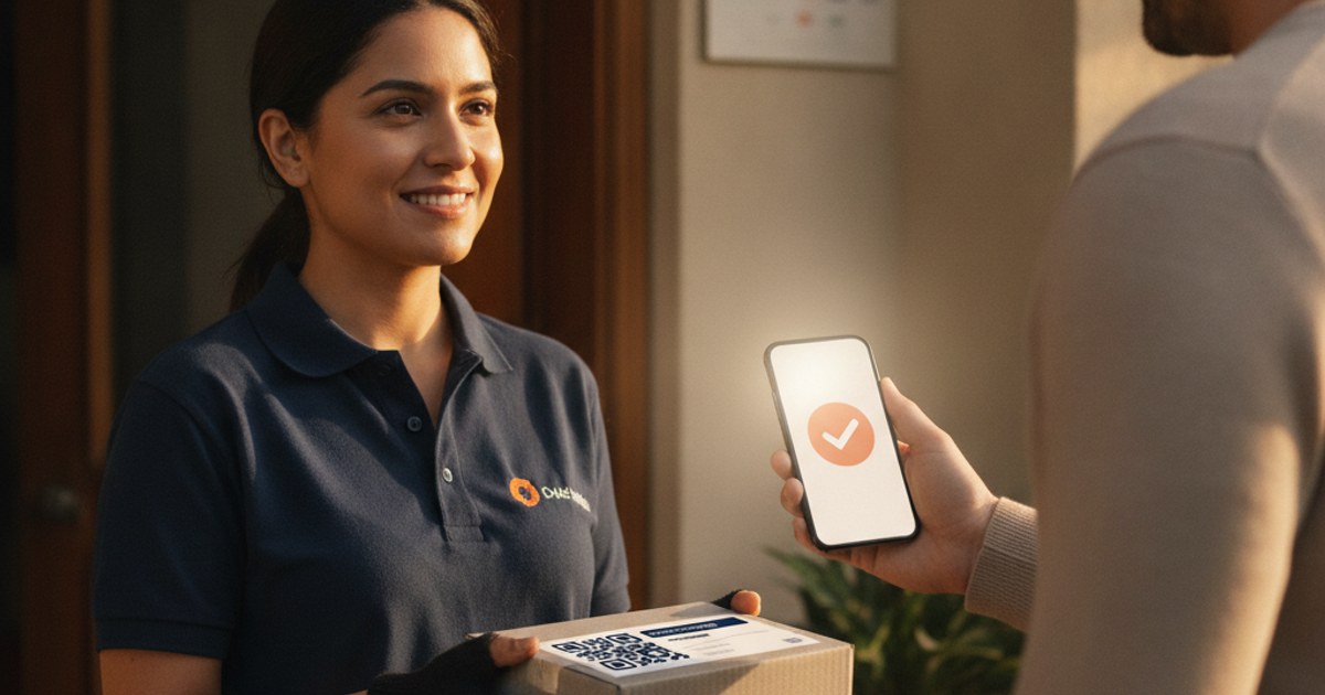 Cliente pagando con una app de billetera movil al repartidor que le entrega un paquete con guia